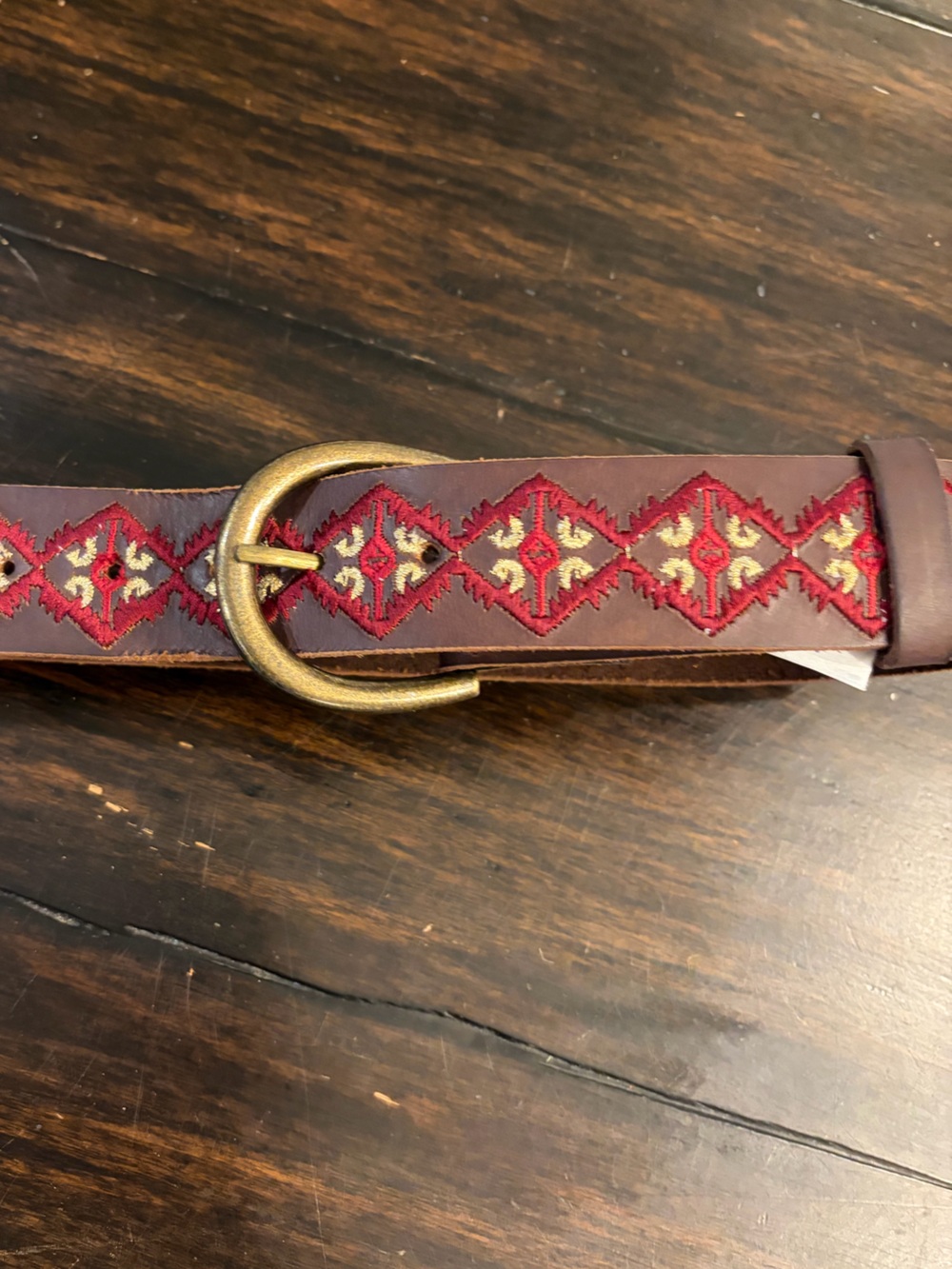 Lucky Brand Embroidered Red Accent Brown Leather Belt with Brass Buckle- medium